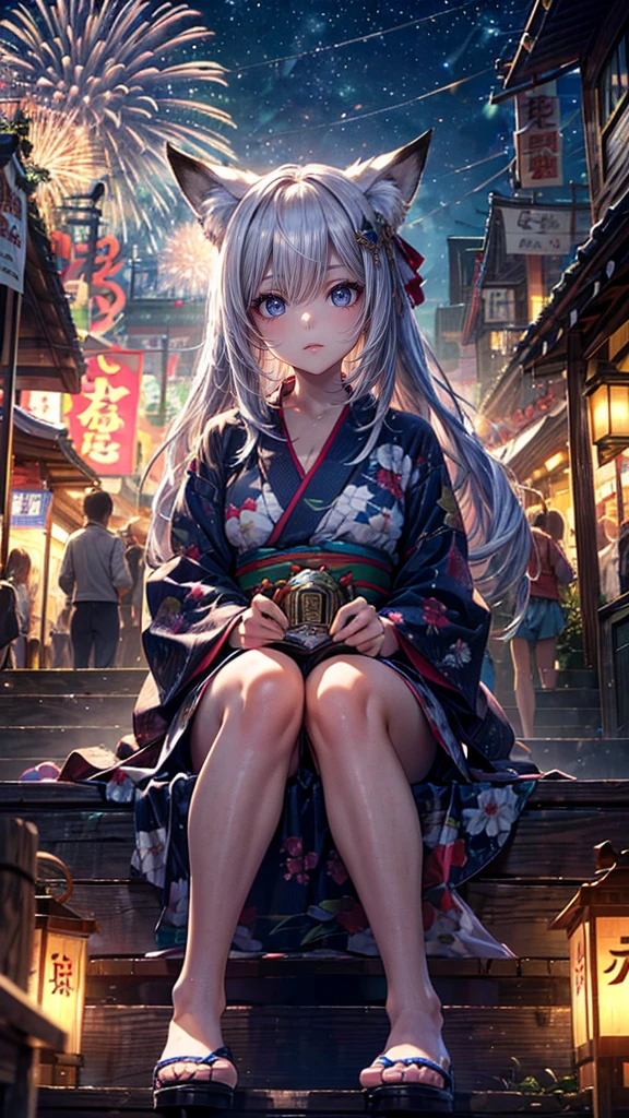 High resolution, Winner of numerous awards, Ultra high definition, Textured skin, retina,
masterpiece,(bestquality),highlydetailed,ultra-detailed,1girl, (A composition where a girl is sitting on ロボット:1.4)(Look to the side)(natural lighting,confidentexpression),(The grounds of an empty shrine)(Staircase under the stairs、fair、festival:1.2)(The view from above)(panorama:1.2),Fireworks in the sky smile,angle、chrome,raw(A beautiful girl with silver hair and fox ears in a yukata:1.5)(Fireworks lighting)(Looking down:1.4)(Looking down angle)(firework:0.8)(Fox's Tail)Holding cotton candy