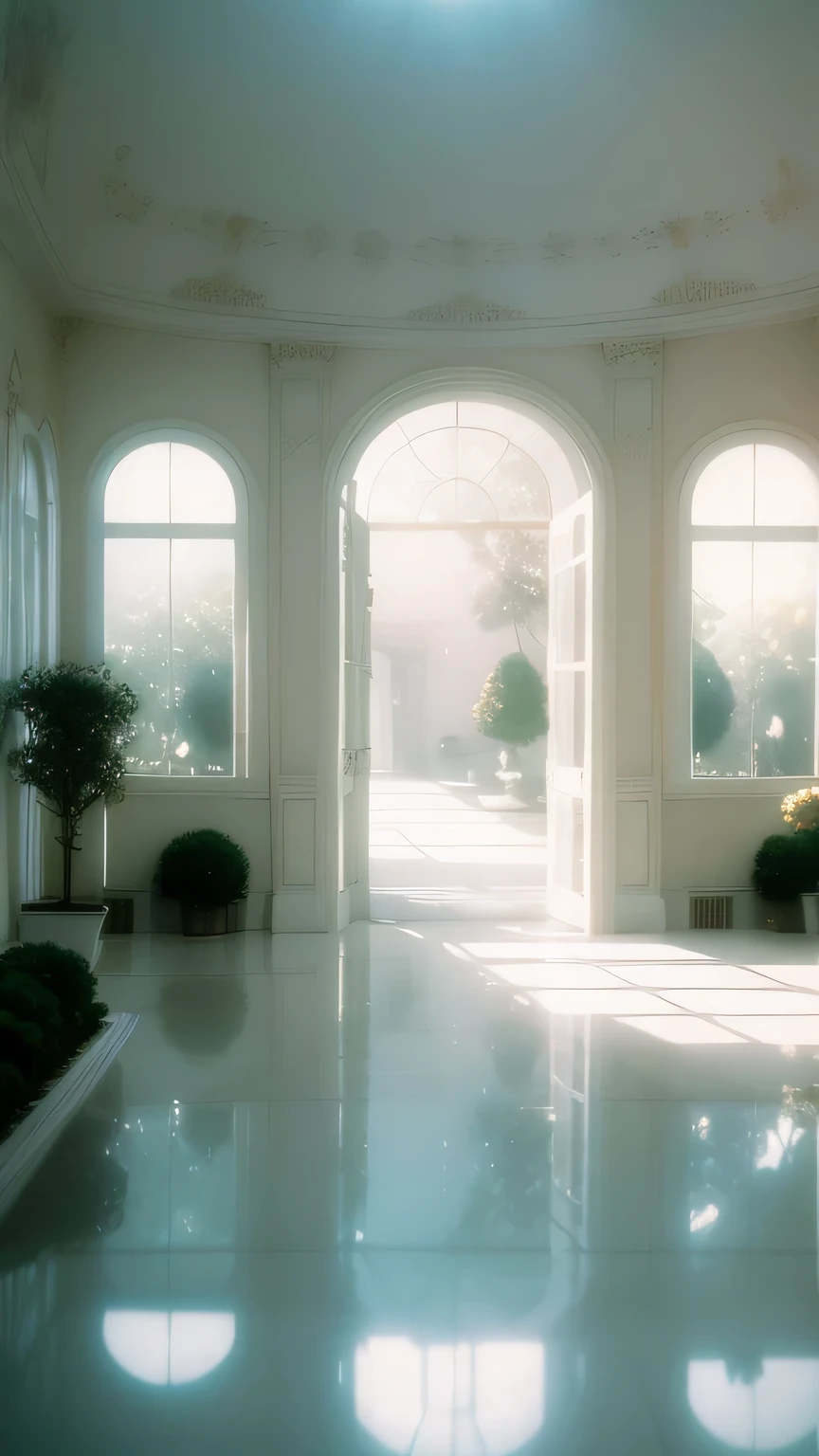 a white dreamy house, garden, retro, foggy, soft focus, year of 1995, cool lighting, muted pastel colors, glowing atmosphere, dramatic, cinematic composition, dream-like quality, ethereal, romantic, soft focus photography, golden hour, windy, marble, golden and mirrors, hazy, thick fogs