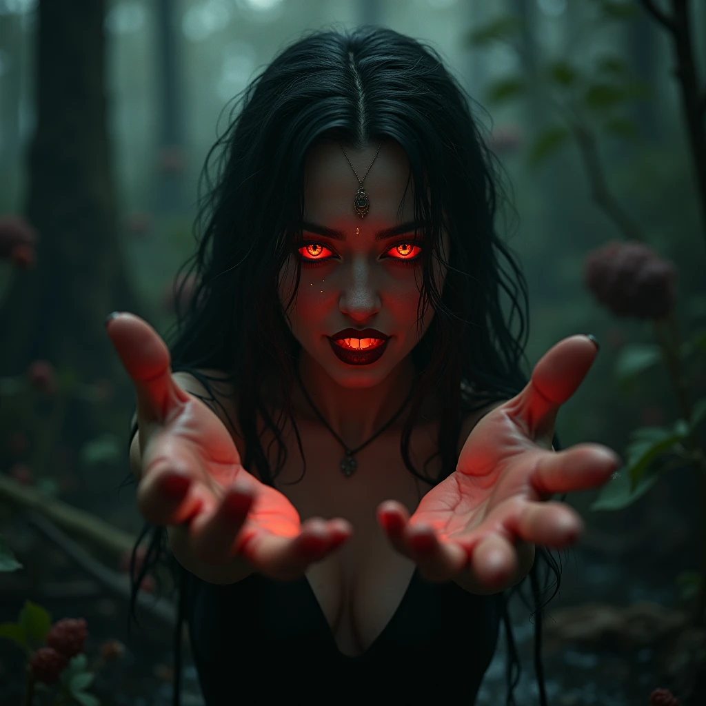 In a foreboding swamp island, where human remains eerily accumulate, a ravishing femme fatale emerges from the deadly grasp of a gargantuan, psychedelic pitcher plant. Her raven tresses cascade down her back, while her fiery red eyes gleam with an otherworldly intensity. Her dark lips curve into a wicked smile, beckoning the viewer in with an unspoken promise of carnal temptation. As she stretches out her hands, inviting the onlooker to succumb to her allure, her honey-toned skin seems to glow with an unsettling radiance. The camera's POV is fixed, drawing us into the abyss as we're ensnared by her hypnotic gaze, helpless to resist the deadly charm of this siren from the depths of the swamp.