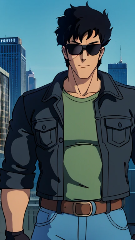 (beanbandit,1man, short hair,black hair,bangs,scar,brown eyes,chin,muscle,tall man, bandana,sunglasses, leather jacket,shirt,open jacket,sleeves rolled up, fingerless gloves, jeans), (extremely detailed CG unit 8k wallpaper),(master part), (best quality), (ultra detali), (best illustration),(ghibli style), symmetrical composition, cowboy shot, (Sharp eyeliner, ombre, detailed eyes:1), Gotham City Style, outdoor background, break , upper body, 