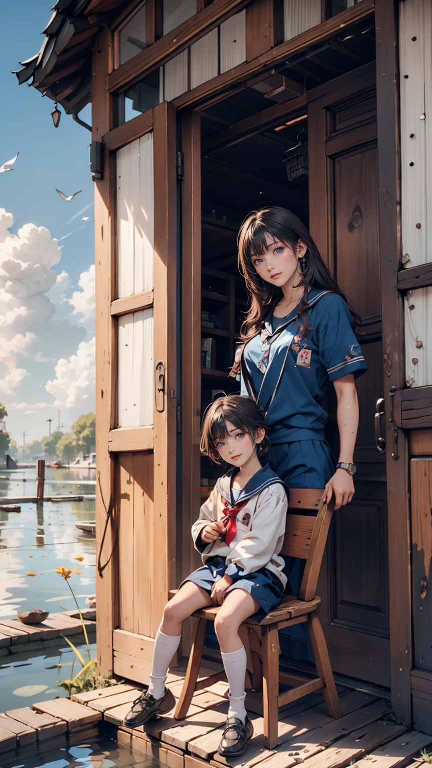 19-year-old female、Sailor suit、Xin Haicheng、Sparrow door lock、Old wooden door in ruins、Waterlogged、blue sky、Have a small chair for your child