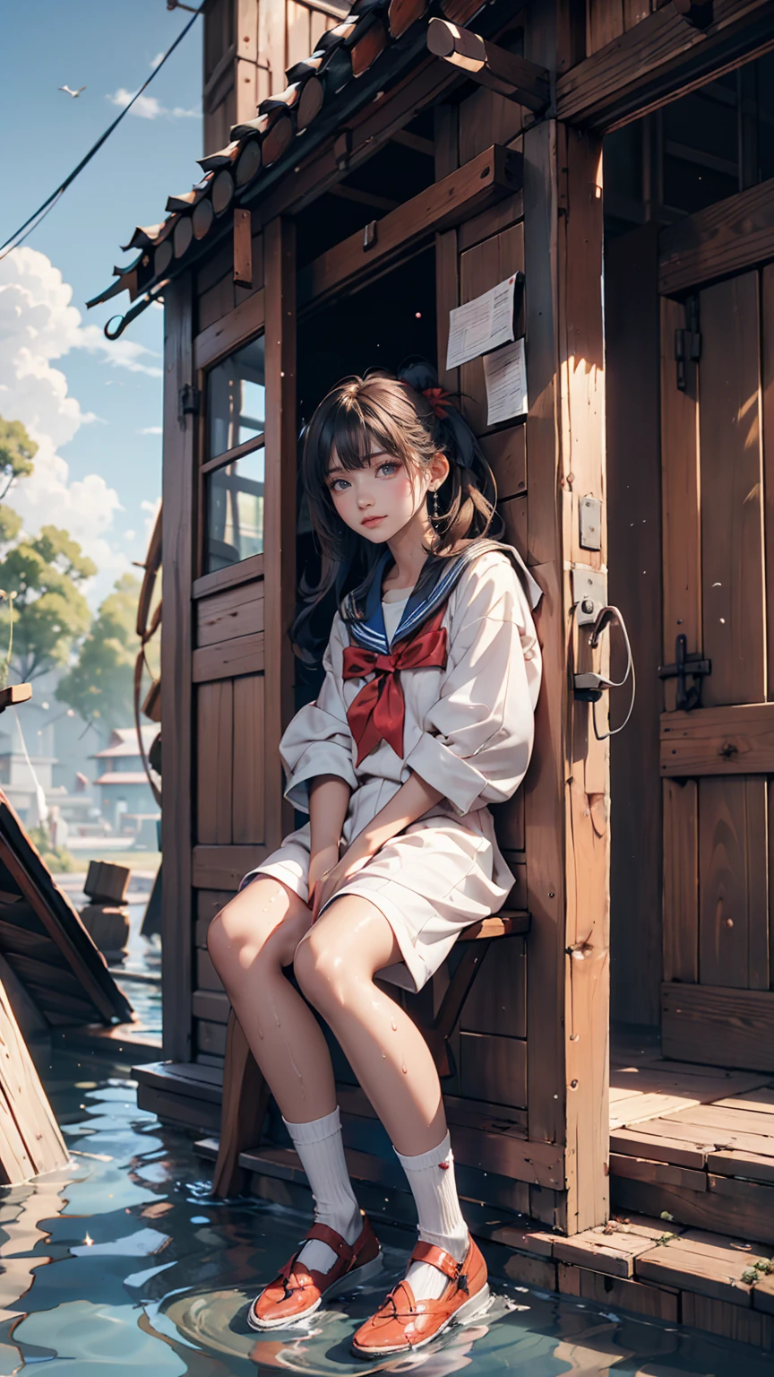 19-year-old female、Sailor suit、Xin Haicheng、Sparrow door lock、Old wooden door in ruins、Waterlogged、blue sky、Have a small chair for your child
