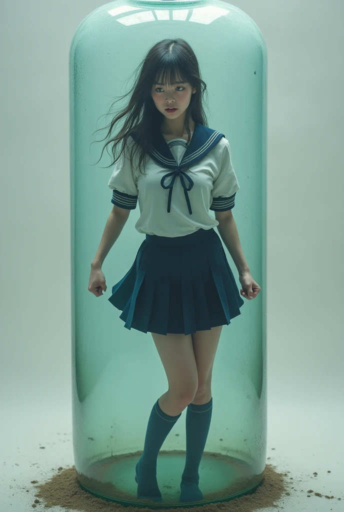 A woman in a sailor school uniform is trapped, holding her knees, Pressed into a clear glass bottle with a lid、Trying to go outside