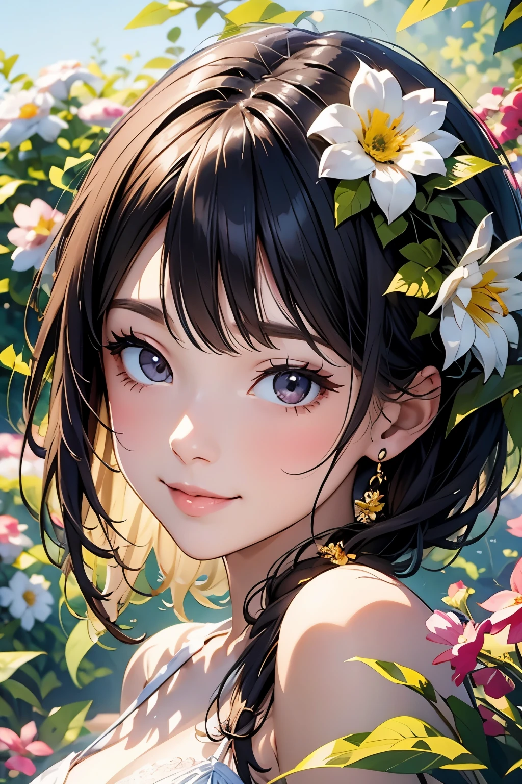 Very beautiful girl、(A smile that makes everyone around you happy)、(Surrounded by lots of flowers)、Beautiful Skin、Glowing Skin, bright, Refreshing and gentle look, Perfect beautiful face、Beautiful shiny bangs, Small breasts,Lace dress,See through,Transparent beautiful stained glass background,