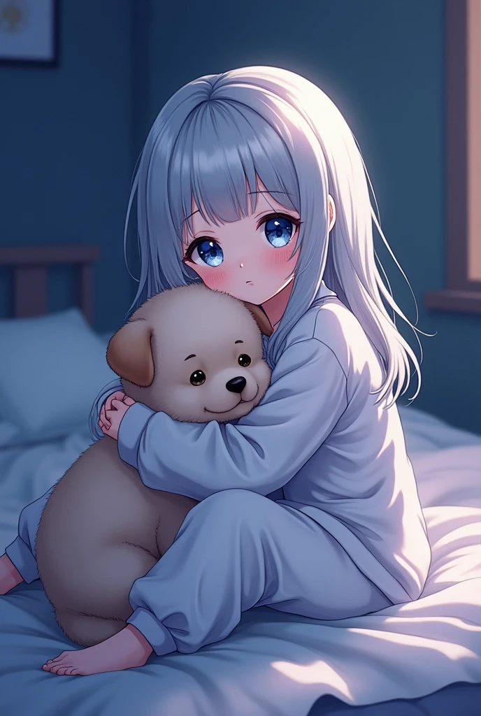 ((best quality)), ((masterpiece)),1 girl， anime girl， Body，Very short，
Silver long hair，in pajamas，Holding a little puppy, night, blue eyes, 