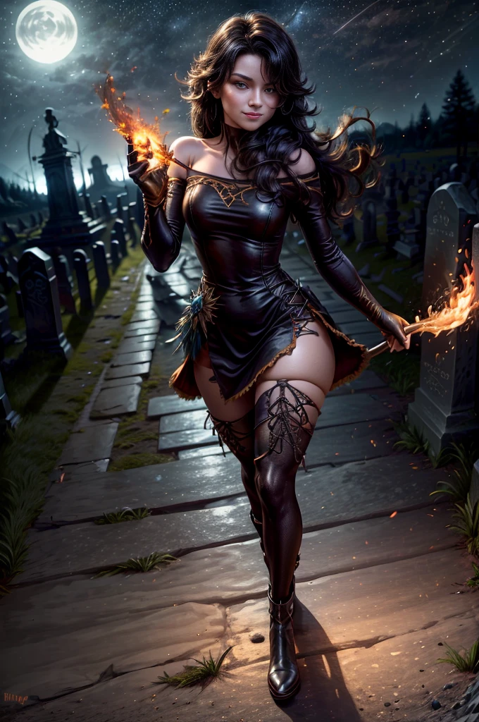 (masterpiece, best quality:1.2), cowboy shot, holding flame, solo, 1girl, cinder fall, smiling, looking at viewer, long hair,  red dress, elbow gloves, pantyhose, night, stars, walking through rundown graveyard on hillside, ancient crypt, cracked tombstones, bonfire, small crowd (volumetric lighting), sharp focus, hyper detailed 