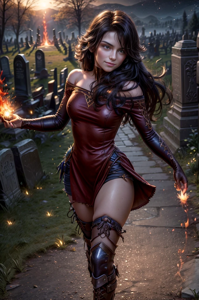 (masterpiece, best quality:1.2), cowboy shot, holding flame, solo, 1girl, cinder fall, smiling, looking at viewer, long hair,  red dress, elbow gloves, pantyhose, night, stars, walking through rundown graveyard on hillside, ancient crypt, cracked tombstones, bonfire, small crowd (volumetric lighting), sharp focus, hyper detailed 