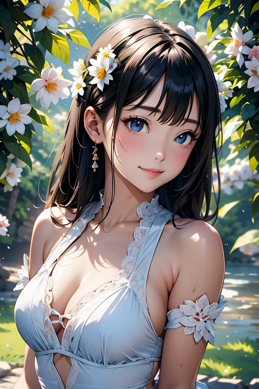 Very beautiful girl、(A smile that makes everyone around you happy)、(Surrounded by lots of flowers)、Beautiful Skin、Glowing Skin, bright, Refreshing and gentle look, Perfect beautiful face、Beautiful shiny bangs, Small ,Lace dress,See through,Transparent beautiful stained glass background,