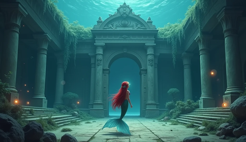 (((masterpiece))), (((Best quality))), ((ultra detailed)),(very detailed computer illustration), ((very subtle and beautiful)),cinematic light, Create a stunning fantasy painting that imitates the style of modern masters of the genre. Aesthetic illustration in a realistic style, View from afar, full-length, In the center of the image is Ariel, in the background is a symmetrical underwater lost temple, Ariel in an Ancient Underwater Temple: Ariel exploring an ancient, sunken temple adorned with intricate carvings and statues. The temple is partially covered in seaweed and algae, with glowing orbs floating around, casting a mystical light on the scene. Gentle and very beautiful mermaid of the underwater kingdom Ariel, long hair, cute face, glowing headband, sparkling scales, Dynamic pose, Strong contrast, Good depth of field, 8K wallpaper, Masterpiece, Aesthetic illustration in realistic style, best quality, natural light, high res, highly detailed, All the colors and materials in this work are very harmoniously combined