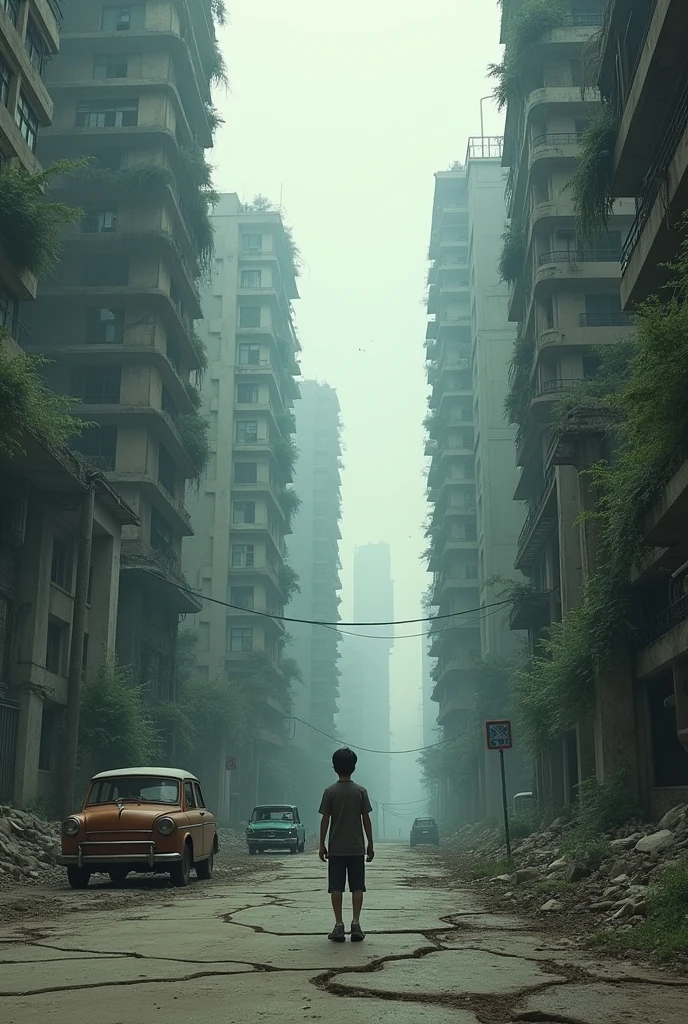Alone korean boy in abandoned city