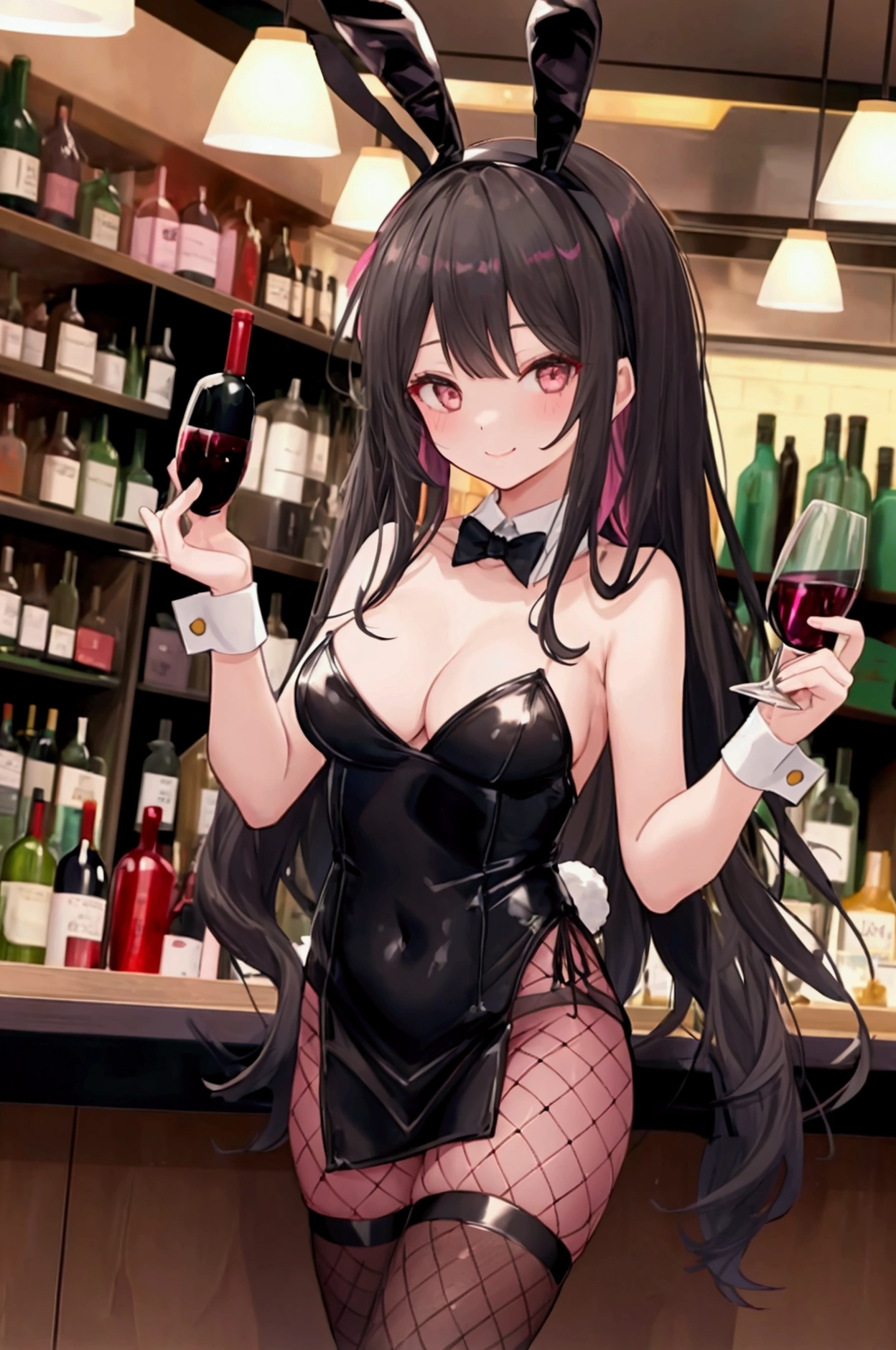 Girl、smile、Bunny girl、Bunny ears headband、Fishnet tights、Long Black Hair、sexy、bar counter、Colourful wine bottles