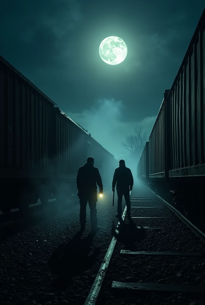 An investigative team examines the crash site at night, surrounded by darkened train cars. They discuss the impossibility of the calls, given the timeline of the accident. A final wide shot reveals the crash site bathed in an unsettling moonlight, with no sign of the phone that made the calls, leaving an air of mystery and unresolved tension.