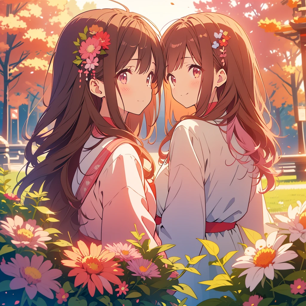 kawaii, anime, Cute, hyper quality, highly detailed, 8k, Clarity, Draw facial expressions in detail, Girl with long dark brown hair and green eyes, red aster flower, red and white aster flowers, whole body, love, smile, A young smiling girl with pale pink scarlet eyes., peek from behind, good mood, (Two girls, a brown-haired girl and a pink-haired young girl),