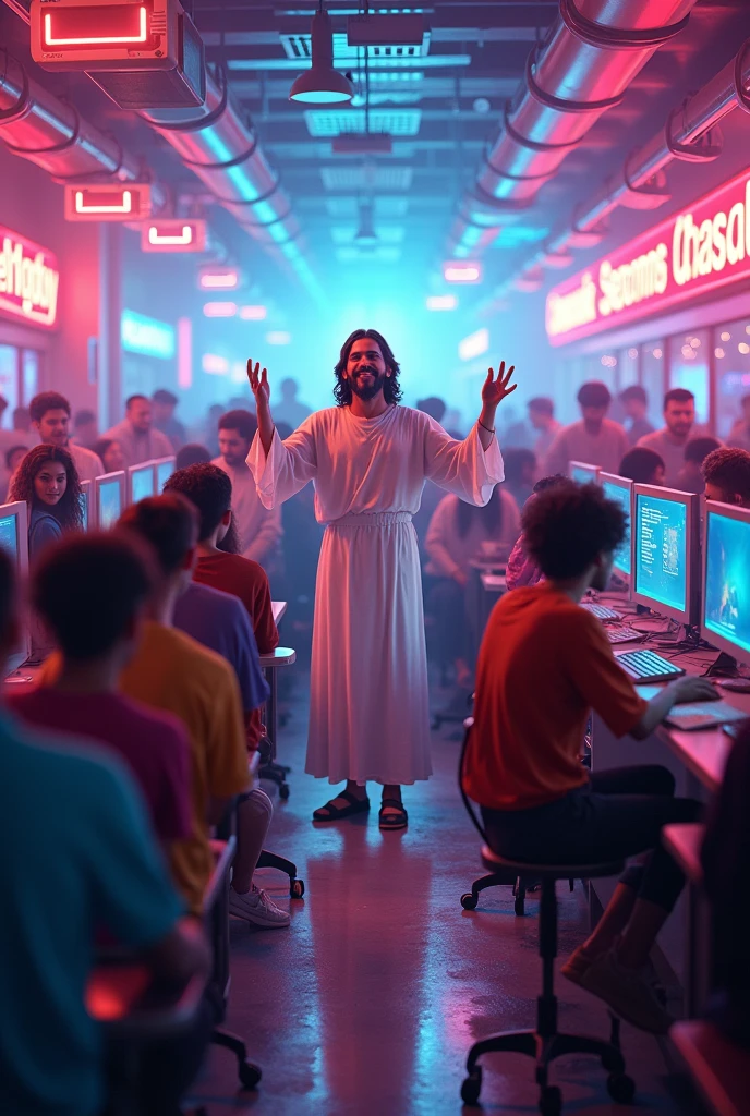 A group of young people in a very colorful and vibrant internet cafe with Jesus in the middle and everyone having fun