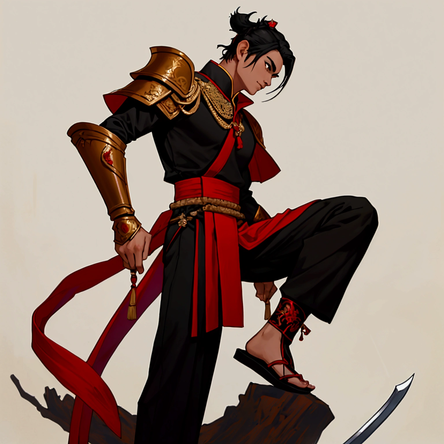 His Majesty is black, Male characters,black hair,Black eyebrows,Wearing black and red Thai armor,Holding a Thai sword,Wear Thai warrior pants,shoe,short hair,Wear a Thai hat,high,Thai Ayutthaya style,stand,