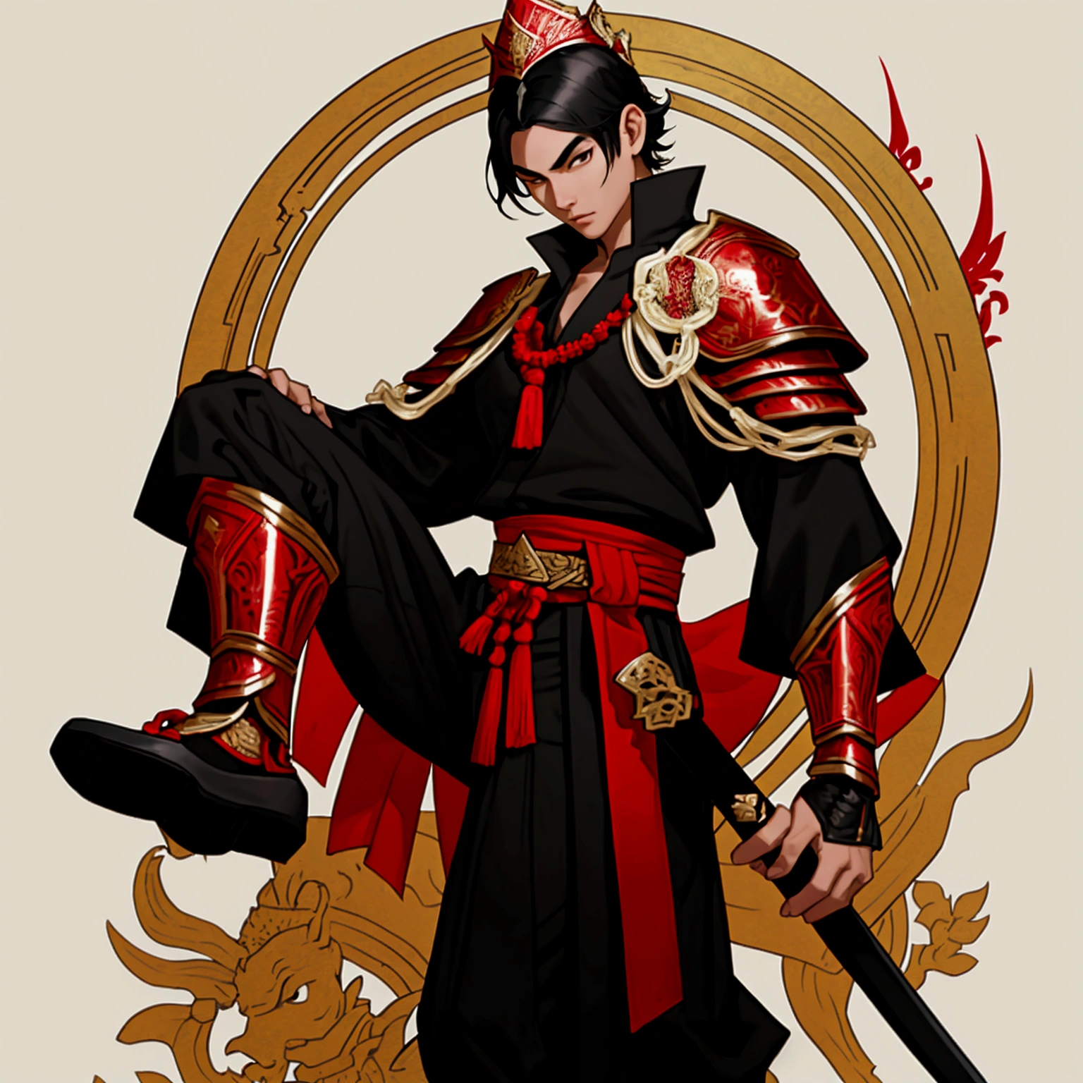 His Majesty is black, Male characters,black hair,Black eyebrows,Wearing black and red Thai armor,Holding a Thai sword,Wear Thai warrior pants,shoe,short hair,Wear a Thai hat,high,Thai Ayutthaya style,stand,