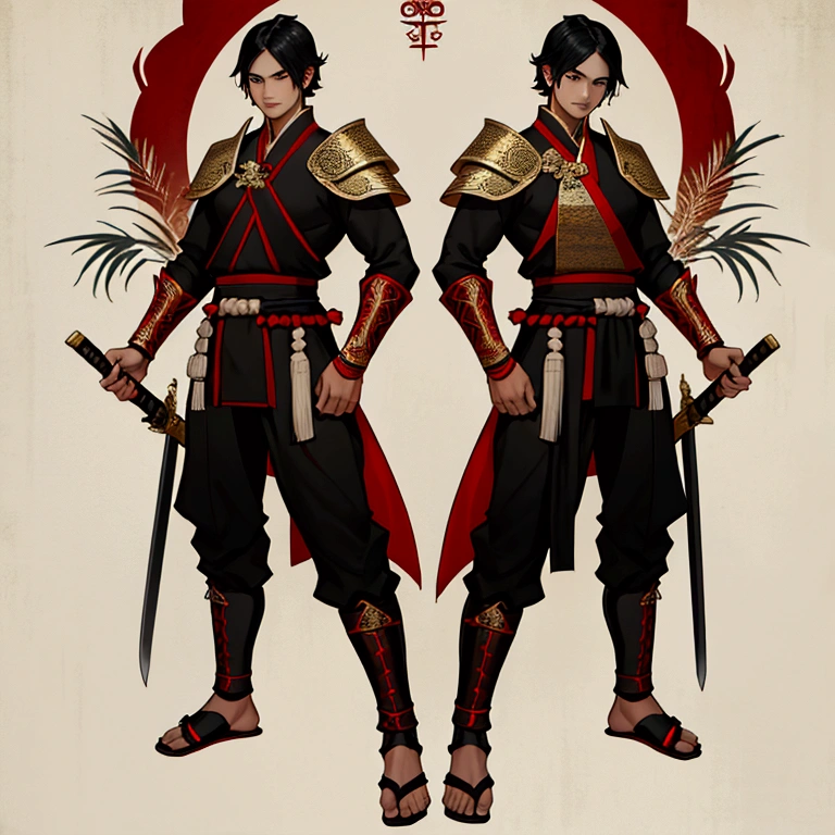 His Majesty is black, Male characters,black hair,Black eyebrows,Wearing black and red Thai armor,Holding a Thai sword,Wear Thai warrior pants,shoe,short hair,Wear a Thai hat,high,Thai Ayutthaya style,stand,
