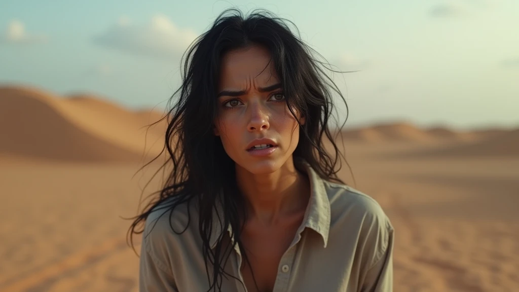 A woman, black hair, distressed, afraid face, confused face, full body, in a desert, realistic (real), Photorealistic