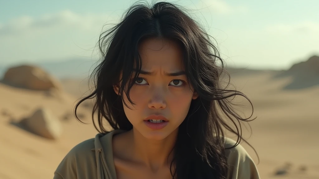 A woman, black hair, distressed, afraid face, confused face, full body, in a desert, realistic (real), Photorealistic