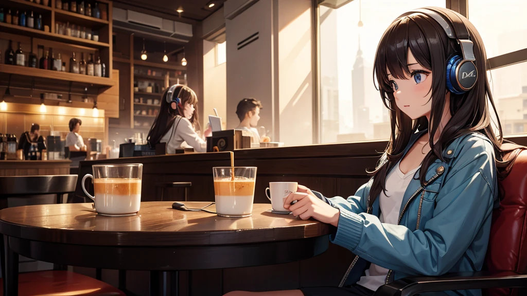Girl with headphones enjoying music in a cafe I am studying Emphasize a little bit of the chest