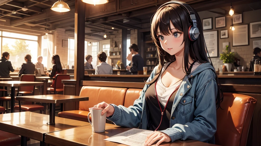 Girl with headphones enjoying music in a cafe　I am studying　Emphasize a little bit of the chest