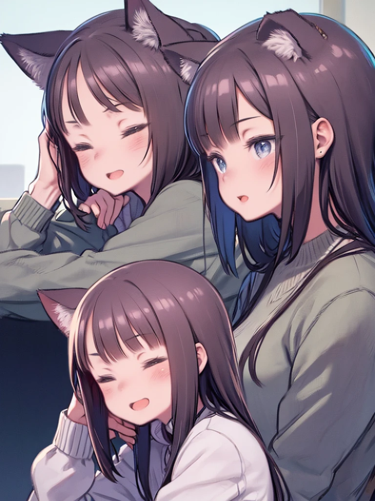 One Girl And Cat、Girl holding a cat、Realistic cat depiction、Girl with one eye closed、smile、Open your mouth a little、Upper Body、Girl rubbing cheek with cat、