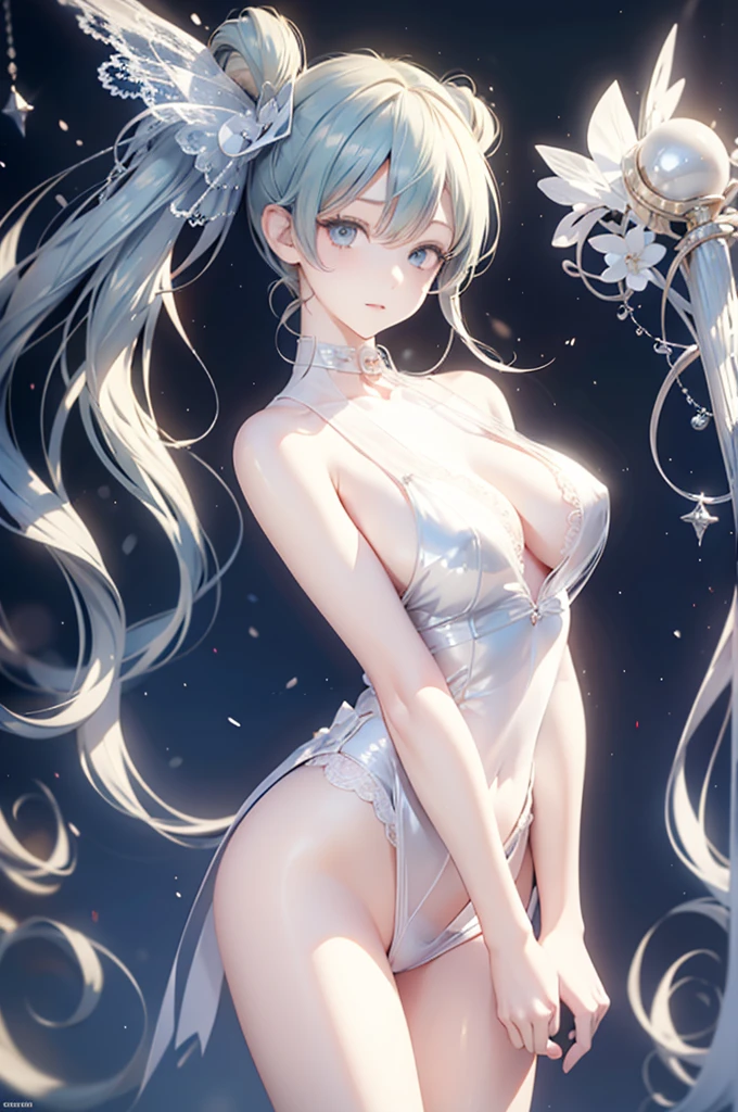 see through,Beautiful and fair、Radiant Skin, 3 Up, Gorgeous, bright, Refreshing and gentle expression, Perfect beautiful face、Beautiful shiny bangs, A very beautiful 17 year old girl, Eyeliner, Very perfect eyes,Very large breasts,Grooves reveal original skin,Muscular body,White lace underwear,Hatsune Miku,Magical girl