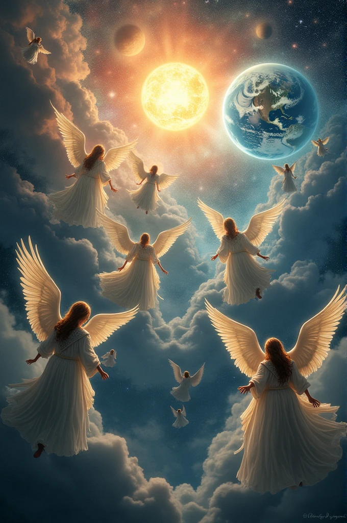The whole universe is visible. In it, the sun, moon, earth, the whole universe and behind them many pious souls are flying with such wings and after that there is a very big palace in it.