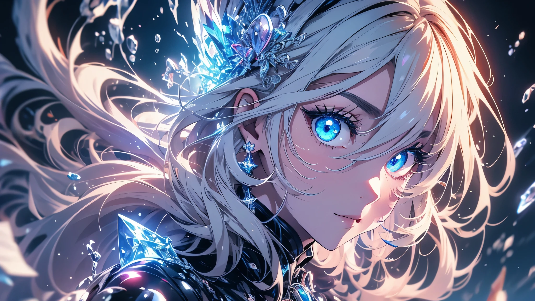 8k、(number々の賞を受賞したmasterpiece、Incredible detail、Texture、Maximum details)(Glow in the dark blue eyes:1.5)、(Blue eyes with a strong white light coming from within:1.5)masterpiece, 1girl,, spell, mage, Dark Elf, scary, glow, particles, shining brightly eyes, stunning, spectral, snow, gorgeous, perfect face, expressive eyes, cute,Very beautiful big breasts,tatuados,8k,resolution,masterpiece,Highest quality,Intricate details,Very detailed,Clear focus,short hair、Dark Zone、Ice Effect、Purple Mesh Hair