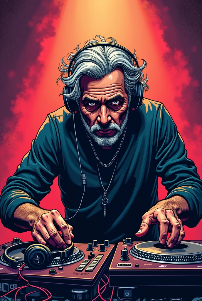 dj, heatphones, Techno, turntables, 50 year old man, comic Style, Legend, 3 Take Bart,