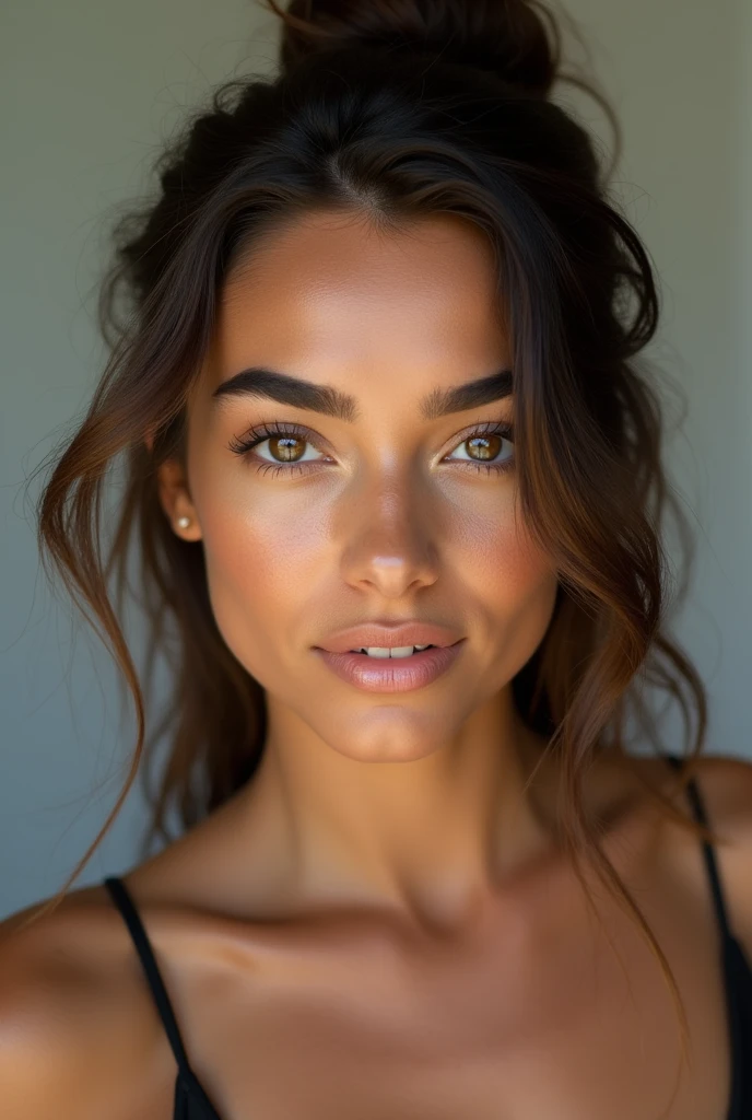 Young 22 year old Brazilian brunette, light brown eyes, square face, striking and prominent eyebrows, apparently confident
