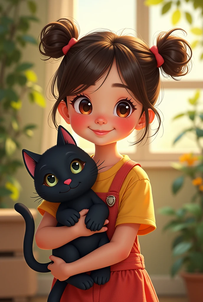 A young girl with pigtails, a cute smile, wearing a jumpsuit, holding a black cat.