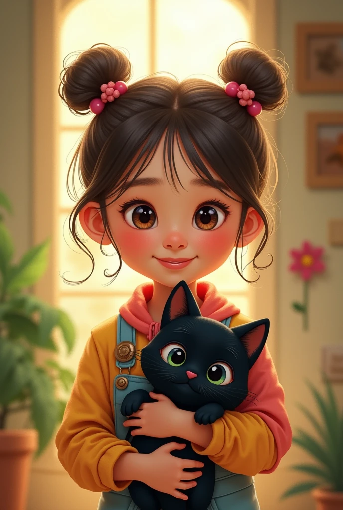 A young girl with pigtails, a cute smile, wearing a jumpsuit, holding a black cat.