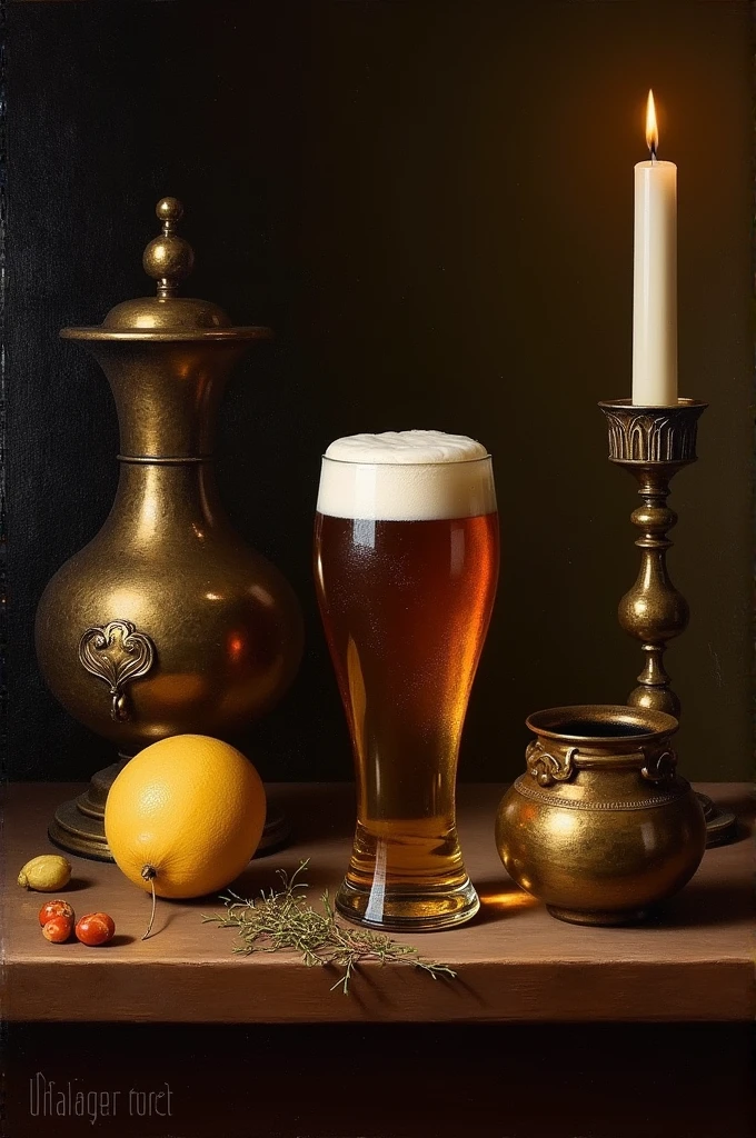 create a pic in a stil of stillife and baroque with 3 objects one of them beer on a table