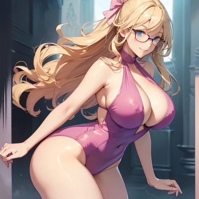 (Master piece, best high quality image, carefully detailed details and textures, alone solo character, full body back view)
{{(1character: 30 years old blonde haired danish human girl:(fair skin, blonde long curly hair, beautiful light-blue eyes, beautiful face, sharp eyebrows, voluptuous figure, big breasts, big butt, beautiful legs, lovely smile, friendly demeanor, walking relaxed),(left pink ribbon), blue round glasses, pink one-piece swimsuit),(common house, common terrace with simple detailes))}}