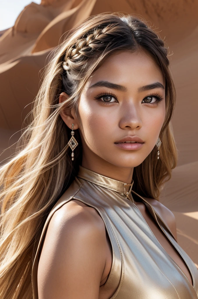 Create a highly detailed and realistic image of an 18-year-old Japanese girl as a desert nomad queen. She should be 180 cm tall, weigh 45 kg, and have a smooth, light complexion. Her straight, long blonde hair is styled into a side braid, draped over her shoulder, with delicate silver chains interwoven. Her graceful, diamond-shaped face has high cheekbones, a small, delicate nose, and full, well-defined lips. Her large, expressive brown eyes feature detailed irises and long eyelashes. Her physique is athletic yet feminine, with big-sized, round breasts. She is dressed in a layered, sleeveless tunic with a high collar, paired with a long, flowing cape that billows in the wind. The desert should be depicted with intricate details—fine grains of sand, distant dunes, and a vivid horizon under a clear sky. The image should be ultra-high definition (4k, 8k) with soft, natural lighting to highlight her skin texture, hair shine, facial details, and the desert's texture.