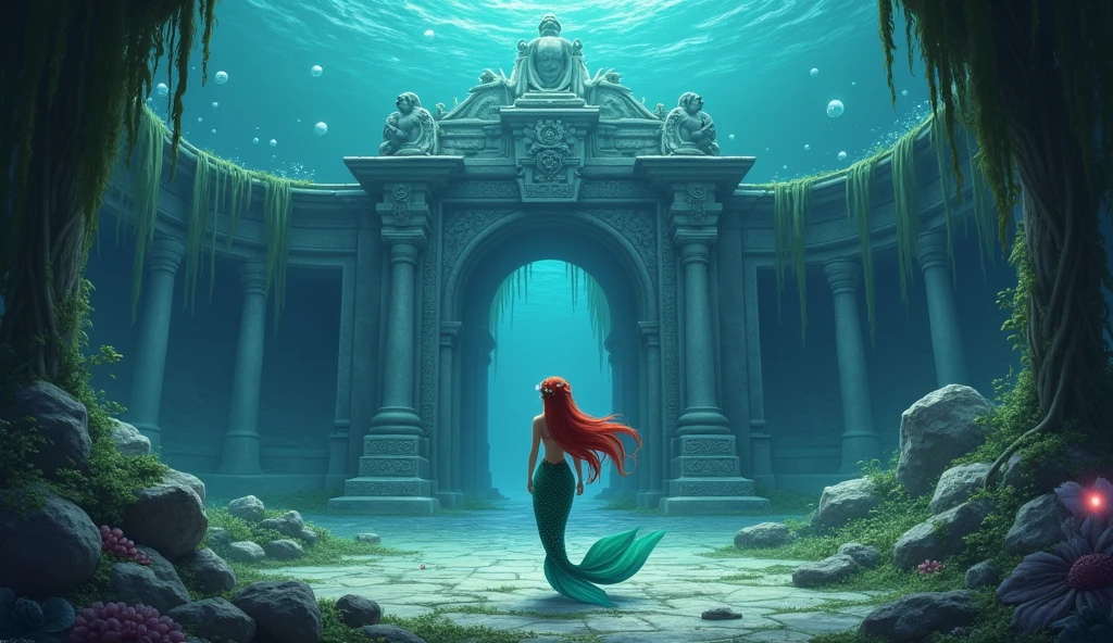 (((masterpiece))), (((Best quality))), ((ultra detailed)),(very detailed computer illustration), ((very subtle and beautiful)),cinematic light, Create a stunning fantasy painting that imitates the style of modern masters of the genre. Aesthetic illustration in a realistic style, View from afar, full-length, In the center of the image is Ariel, in the background is a symmetrical underwater lost temple, Ariel in an Ancient Underwater Temple: Ariel exploring an ancient, sunken temple adorned with intricate carvings and statues. The temple is partially covered in seaweed and algae, with glowing orbs floating around, casting a mystical light on the scene. Gentle and very beautiful mermaid of the underwater kingdom Ariel, long hair, cute face, glowing headband, sparkling scales, Dynamic pose, Strong contrast, Good depth of field, 8K wallpaper, Masterpiece, Aesthetic illustration in realistic style, best quality, natural light, high res, highly detailed, All the colors and materials in this work are very harmoniously combined