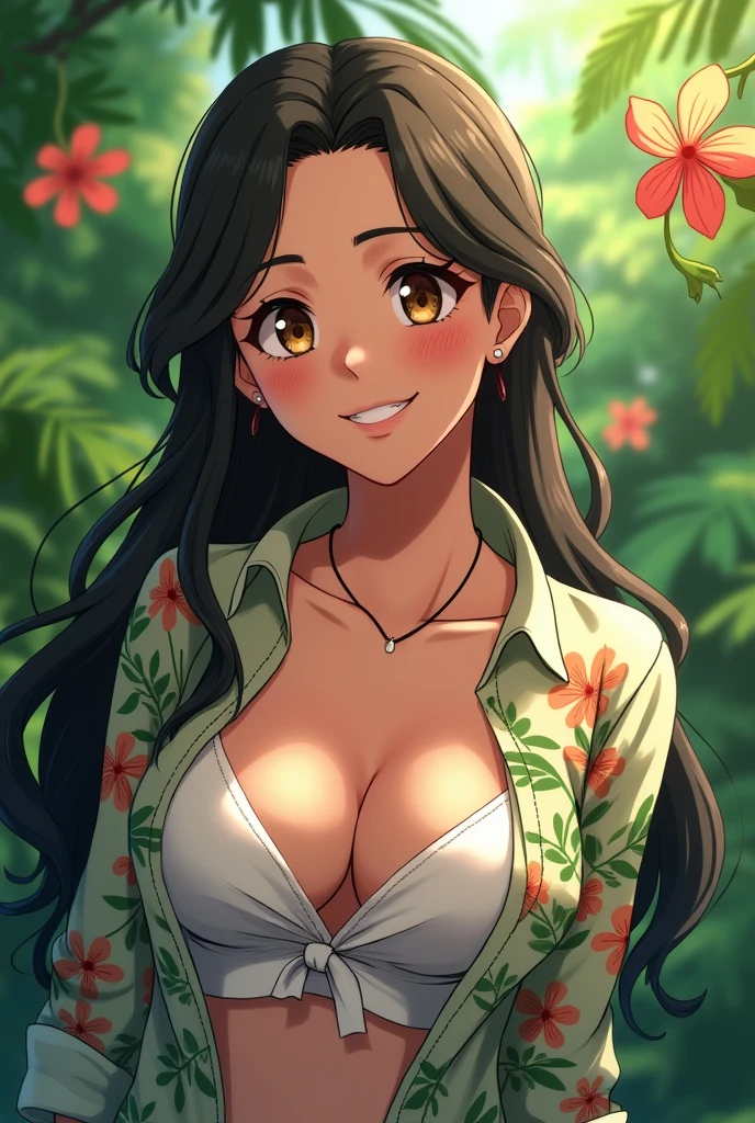 A Brazilian woman in a lush tropical garden, wearing an open shirt with a floral print, with a close-up capturing the harmonious beauty between her breasts and the natural flowers, showing off her natural charm and outgoing personality anime hentai