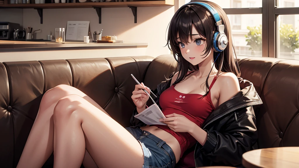 Girl with headphones enjoying music in a cafe I am studying Emphasize a little bit of the chest