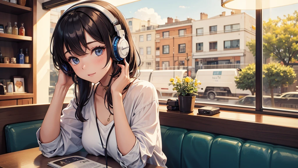 Girl with headphones enjoying music in a cafe I am studying Emphasize a little bit of the chest