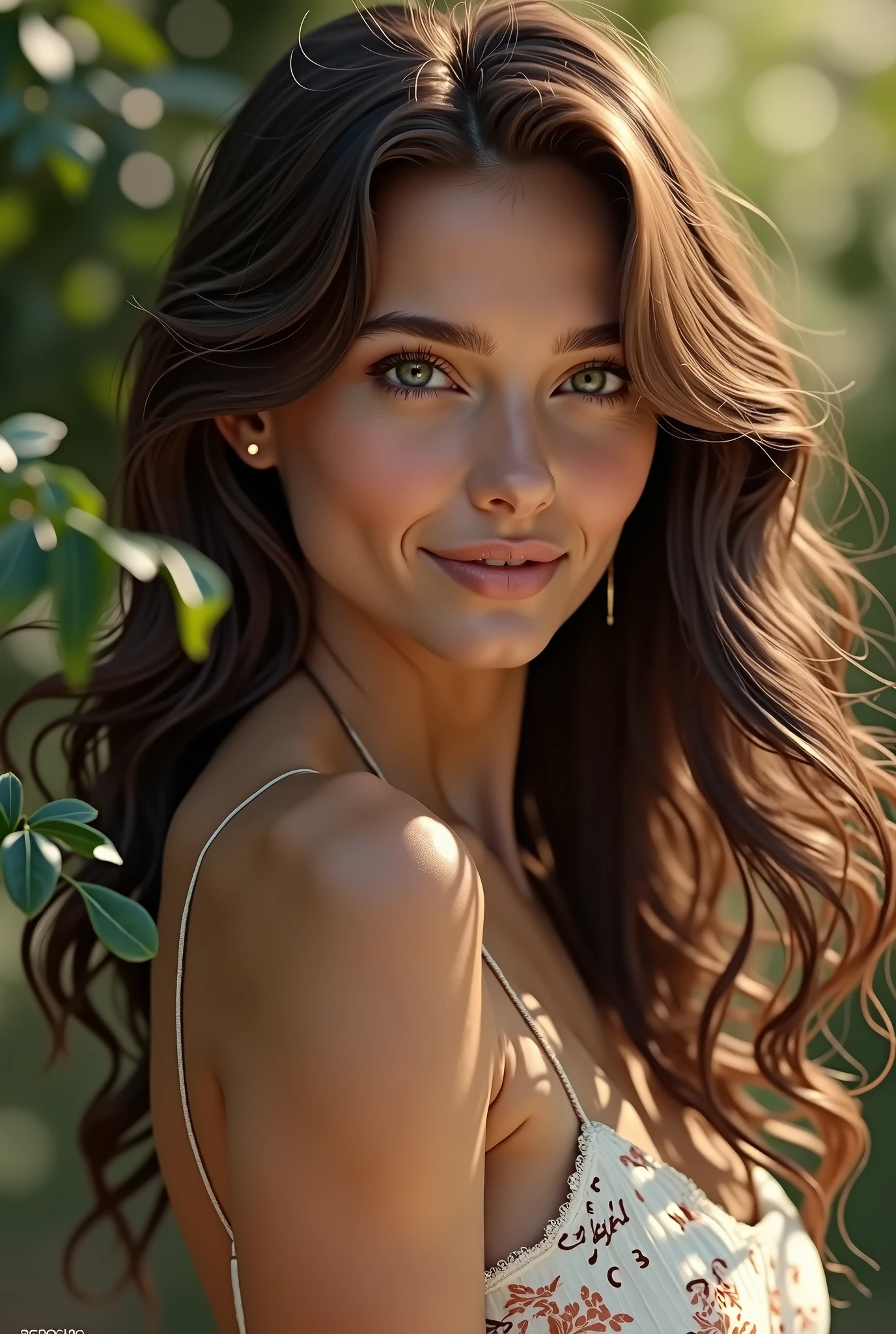 brown hair woman, far away, wavy, eyes browns, white and beautiful smile, sexy shots, realisitic, real world,