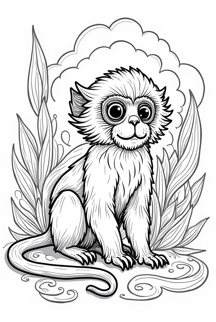 Generate a black and white illustration suitable for coloring books, mico leao dorado