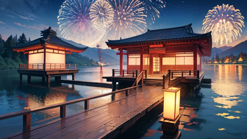 night view, by the lake, from the wooden bridge, you can see the Japanese summer festival from afar, there are fireworks in the sky