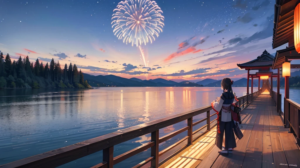 night view, by the lake, from the wooden bridge, you can see the Japanese summer festival from afar, there are fireworks in the sky