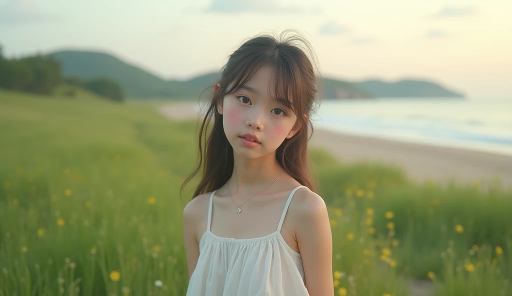 Green meadow in the background,The sea shines in the distance、アイドルのようにvery cute、One Girl、Adorable、Young Faceに見える, Young Face、15 years old、very cute、A kind smile、、Small breasts、Flat Chest、Camel toe、Standing on the beach at dusk、White see-through dress、simple bra、Wearing simple panties、Look straight at your audience、whole bodyポートレート、whole body、 Natural light、Accurate、Anatomically correct、Textured skin、Very detailed、 Attention to detail、Highest quality、High resolution、Genuine、realism、RAW Photos、Genuine、masterpiece