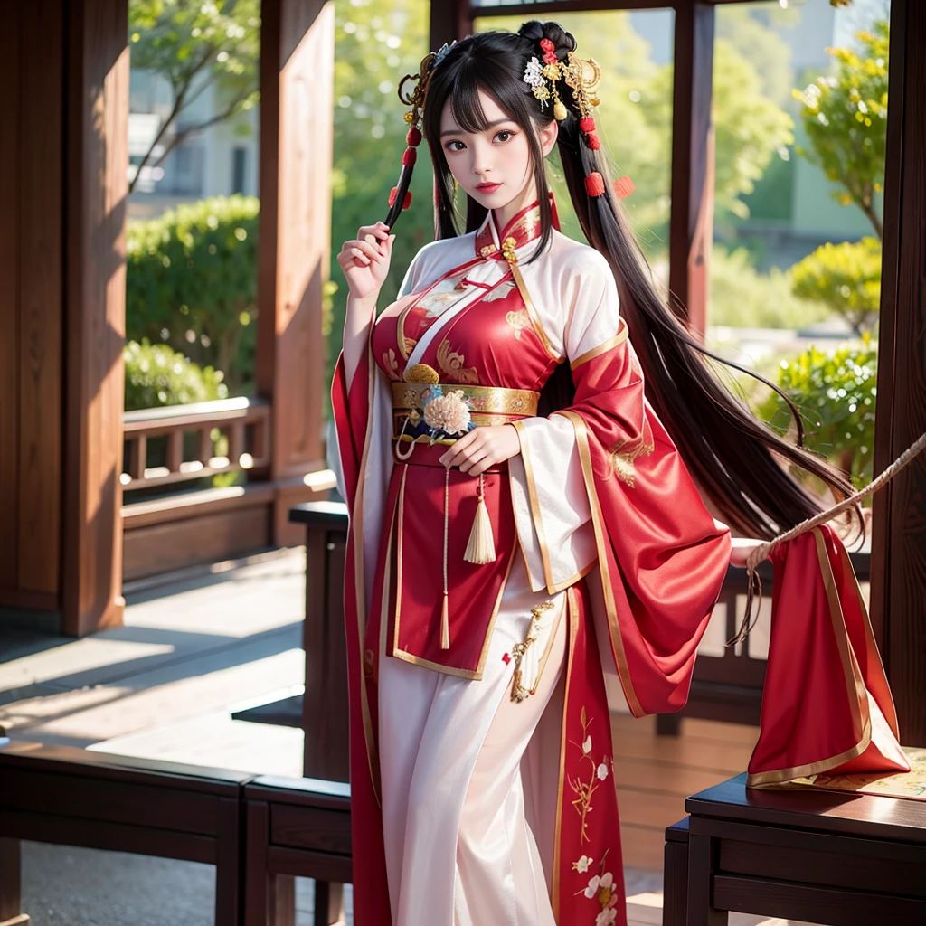A 40-year-old ancient Chinese beauty in Hanfu 8K has big breasts and big butt, standing with a rope tied her hands and a patient expression