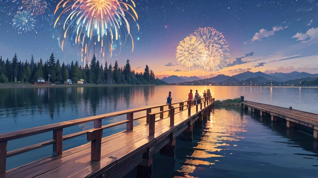 night view, by the lake, from the wooden bridge, you can see the Japanese summer festival from afar, there are fireworks in the sky