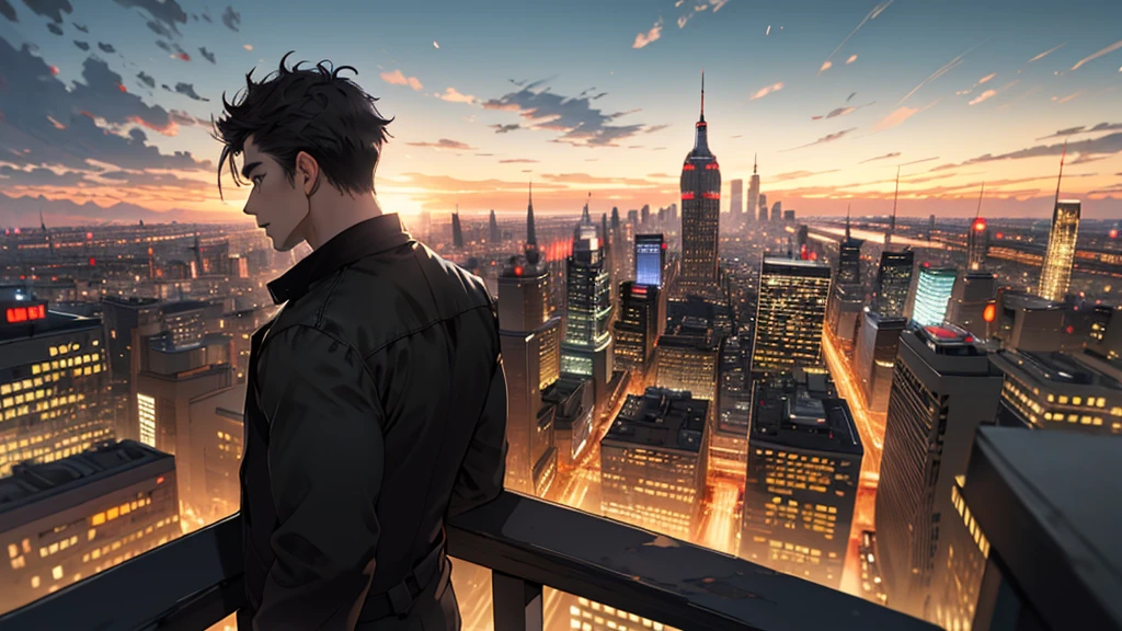 1man,masterpiece,best quality, ultra high res, dusk,cityscape,depth of field, short black messy hair, solo male,lower the output temperature