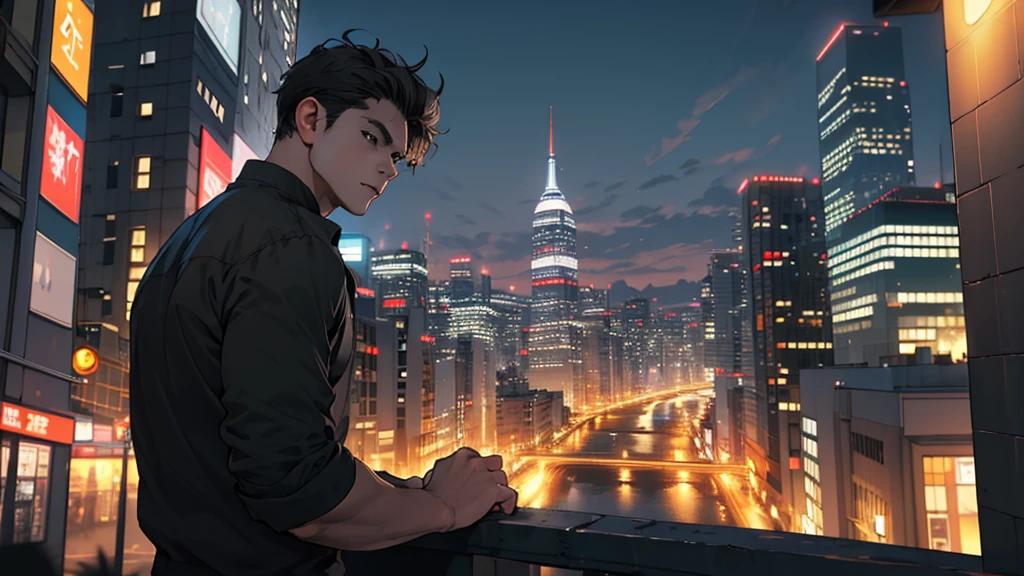 1man,masterpiece,best quality, ultra high res, dusk,cityscape,depth of field, short black messy hair, solo male,lower the output temperature