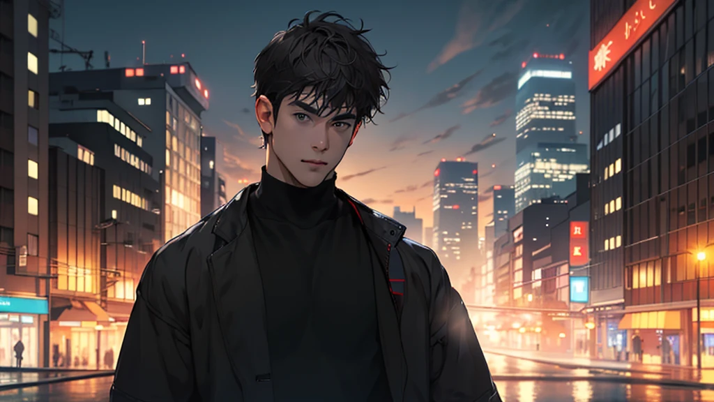 1man,masterpiece,best quality, ultra high res, dusk,cityscape,depth of field, short black messy hair, solo male,lower the output temperature